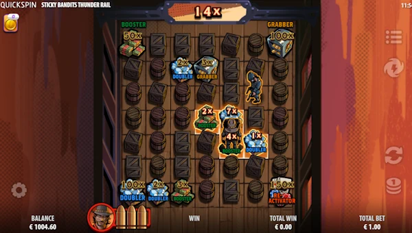 Screenshot of Sticky Bandits Thunder Rail slot demo showing reels and bonus game features