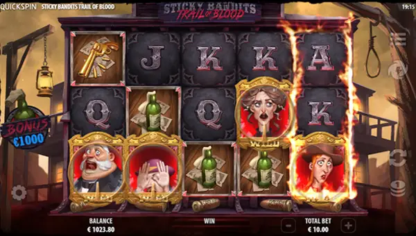 Sticky Bandits Trail of Blood base game screenshot showing reels and features