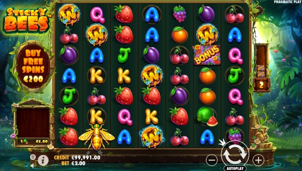 Sticky Bees base game screenshot showing reels and features