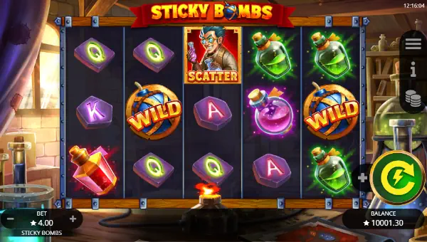 Sticky Bombs base game screenshot showing reels and features