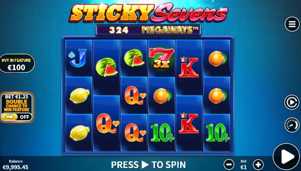 Sticky Sevens base game screenshot showing reels and features
