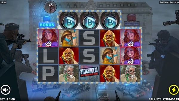 Stockholm Syndrome base game screenshot showing reels and features