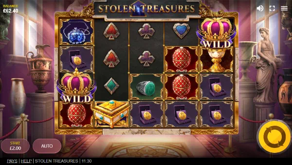 Stolen Treasures base game screenshot showing reels and features