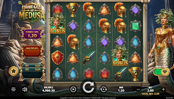Stone Gaze of Medusa base game screenshot showing reels and features