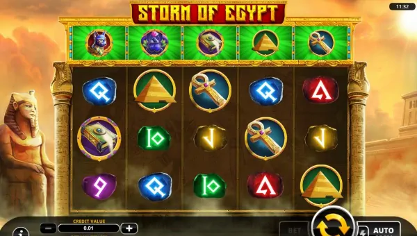 Storm of Egypt base game screenshot showing reels and features