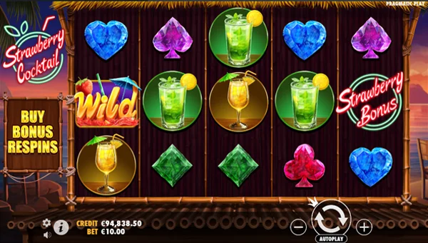 Strawberry Cocktail base game screenshot showing reels and features