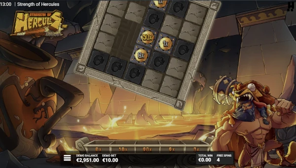 Screenshot of Strength of Hercules slot demo showing reels and bonus game features