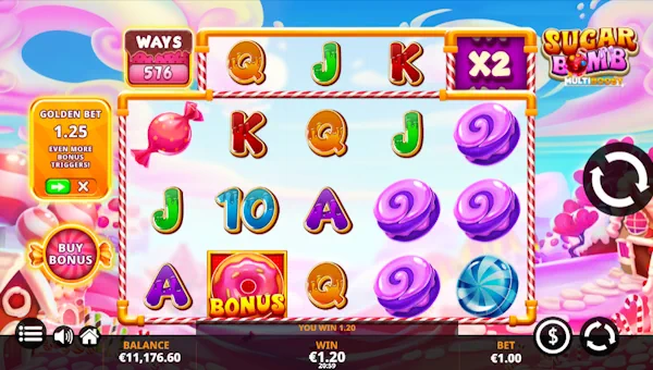 Sugar Bomb MultiBoost base game screenshot showing reels and features