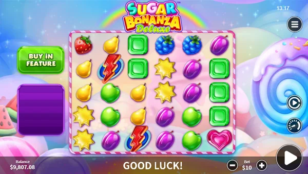 Sugar Bonanza Deluxe base game screenshot showing reels and features