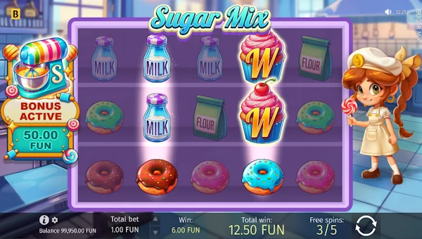 Screenshot of Sugar Mix slot demo showing reels and bonus game features