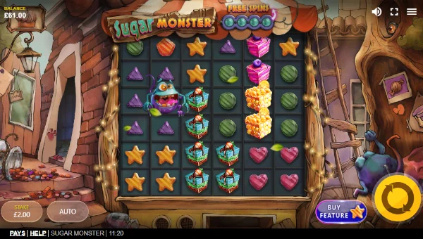 Sugar Monster base game screenshot showing reels and features