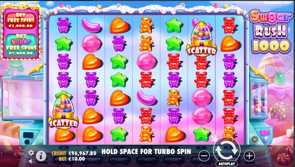 Sugar Rush 1000 base game screenshot showing reels and features