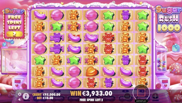 Screenshot of Sugar Rush 1000 slot demo showing reels and bonus game features