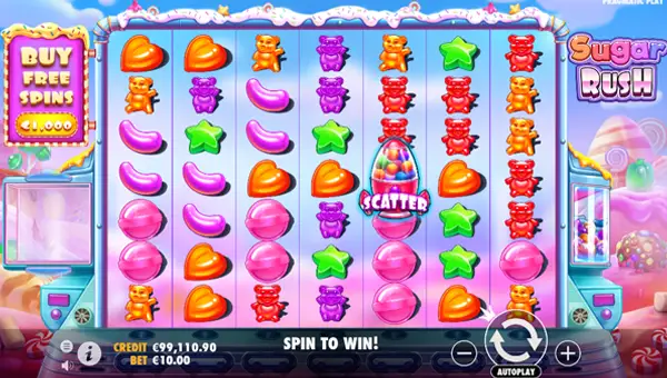 Sugar Rush base game screenshot showing reels and features