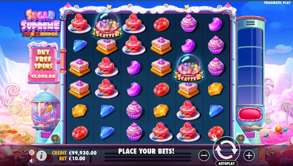 Sugar Supreme Powernudge base game screenshot showing reels and features