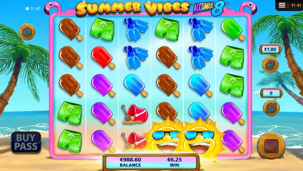 Summer Vibes Accumul8 base game screenshot showing reels and features