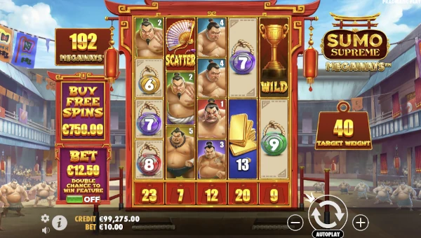 Sumo Supreme Megaways base game screenshot showing reels and features