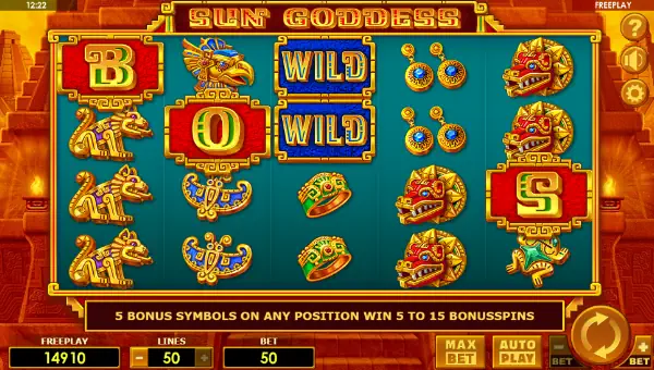 Sun Goddess base game screenshot showing reels and features