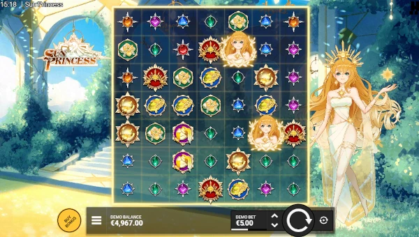 Base Game Screenshot of Sun Princess slot with 7x7 grid and anime-style visuals