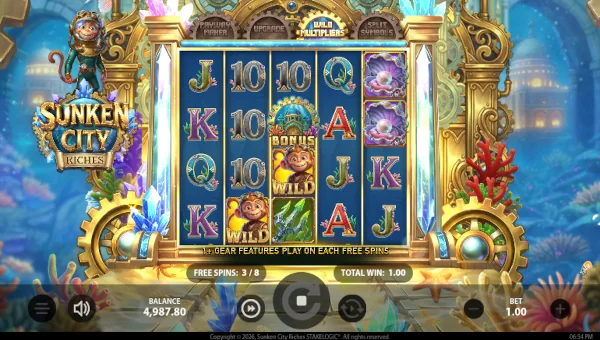 Screenshot of Sunken City Riches slot demo showing reels and bonus game features