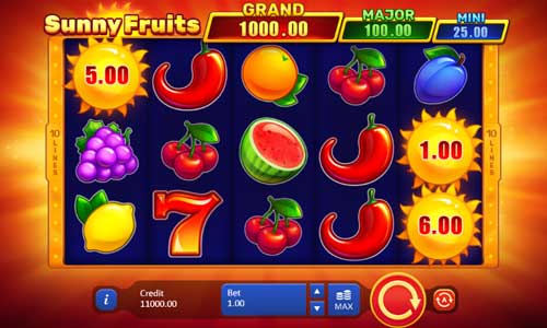 Sunny Fruits base game screenshot showing reels and features