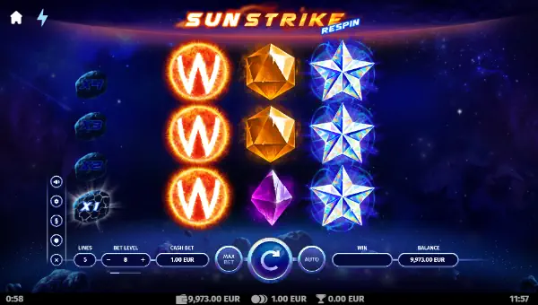 Sunstrike Respin base game screenshot showing reels and features