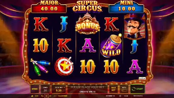 Super Circus base game screenshot showing reels and features