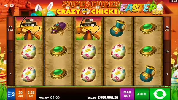 Super Duper Crazy Chicken Easter Egg base game screenshot showing reels and features