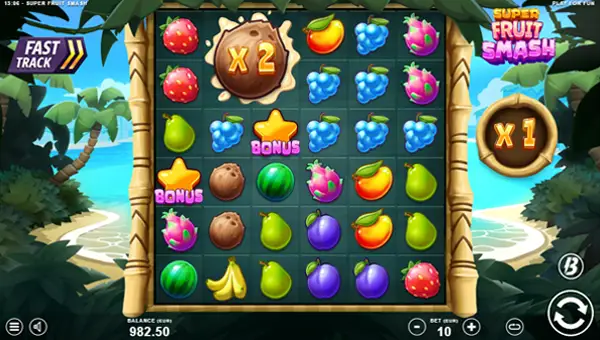 Super Fruit Smash base game screenshot showing reels and features
