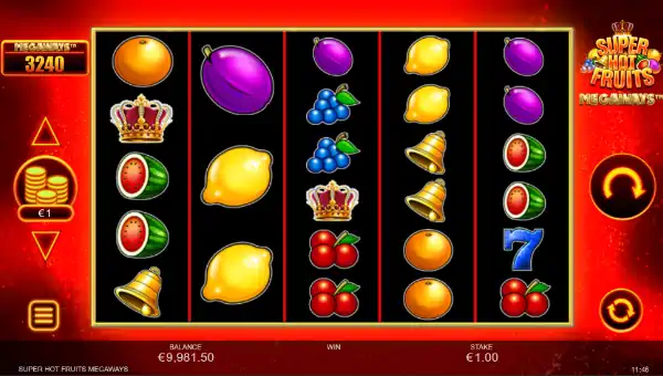 Super Hot Fruits Megaways base game screenshot showing reels and features