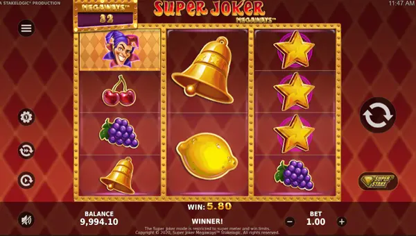 Super Joker Megaways base game screenshot showing reels and features