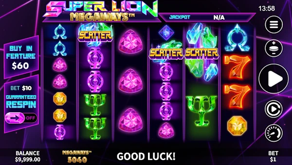 Super Lion Megaways base game screenshot showing reels and features