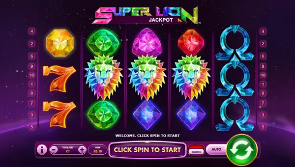 Super Lion base game screenshot showing reels and features