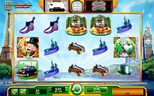 Super Monopoly Money base game screenshot showing reels and features