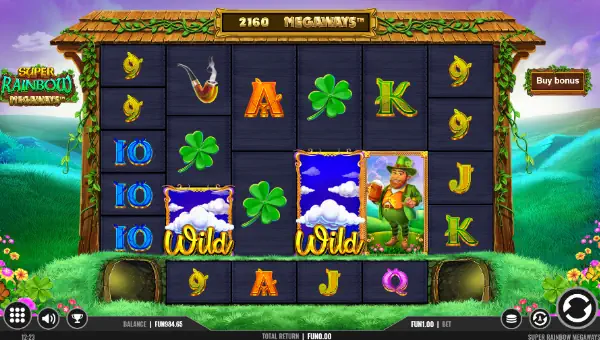 Super Rainbow Megaways base game screenshot showing reels and features