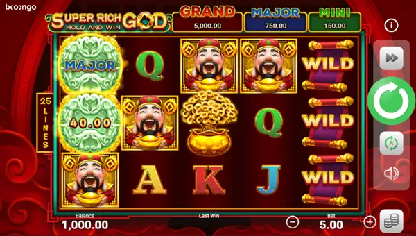 Super Rich God base game screenshot showing reels and features
