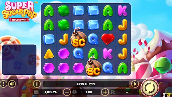 Super Sugar Pop base game screenshot showing reels and features