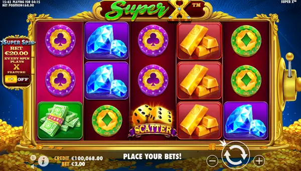 Super X base game screenshot showing reels and features