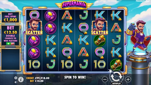 Supermania base game screenshot showing reels and features