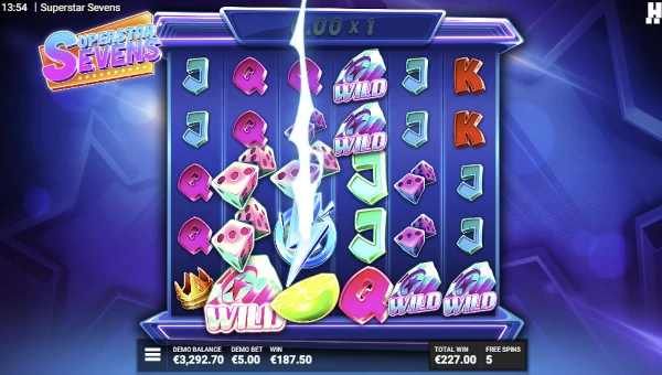 Screenshot of Superstar Sevens slot demo showing reels and bonus game features