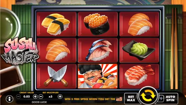 Sushi Master base game screenshot showing reels and features