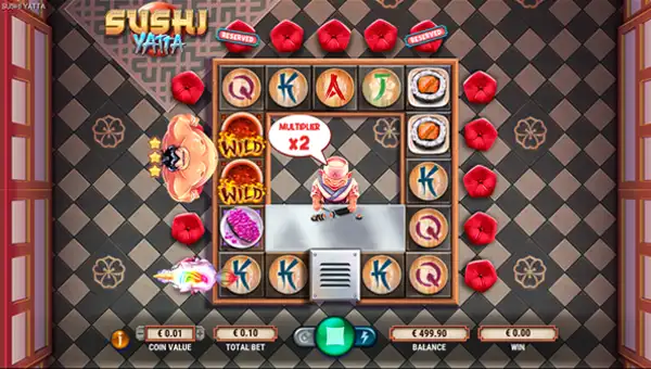 Sushi Yatta base game screenshot showing reels and features