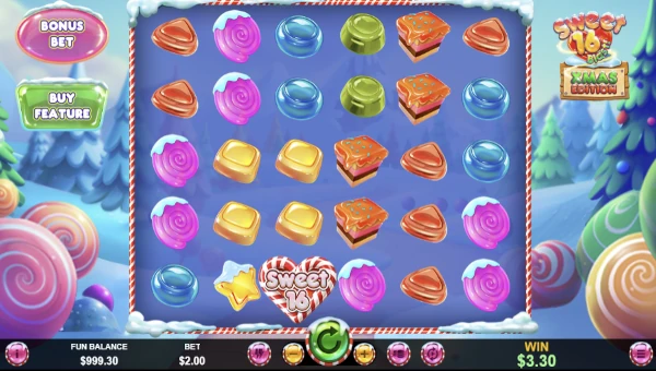 Sweet 16 Blast XMAS Edition base game screenshot showing reels and features