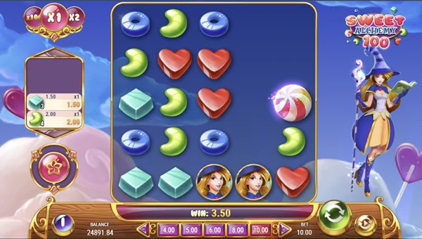 Sweet Alchemy 100 base game screenshot showing reels and features