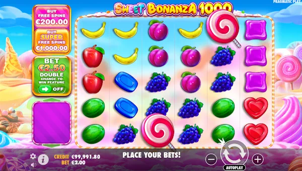 Sweet Bonanza 1000 base game screenshot showing reels and features