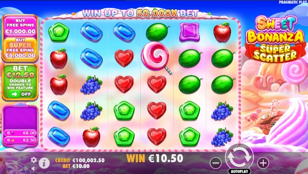 Sweet Bonanza Super Scatter base game screenshot showing reels and features