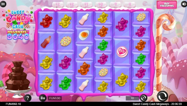 Sweet Candy Cash Megaways base game screenshot showing reels and features