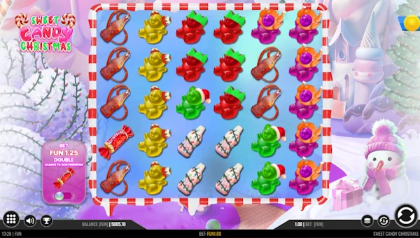 Sweet Candy Christmas base game screenshot showing reels and features