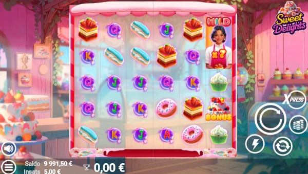 Sweet Delights base game screenshot showing reels and features