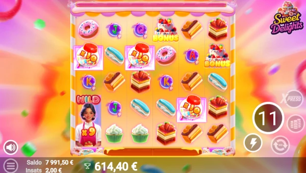 Screenshot of Sweet Delights slot demo showing reels and bonus game features